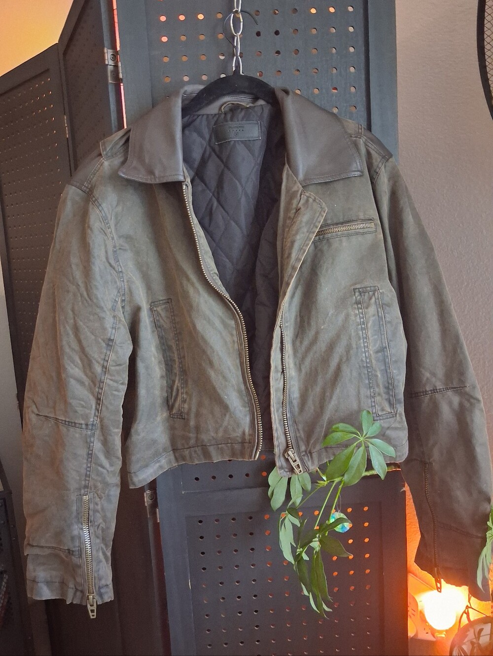 Womens Washed Olive Bomber Jacket with Quilted Lining